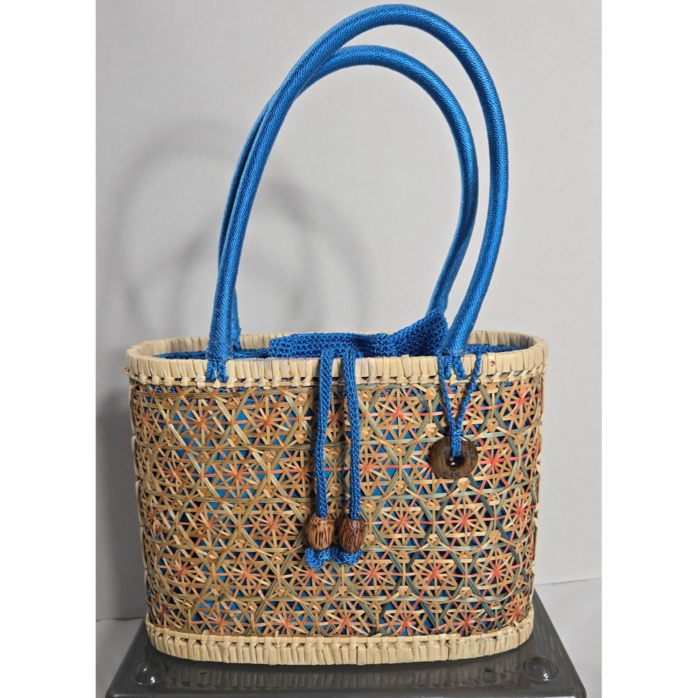 Wicker Straw hard sided Arm Bag Double Handles Blue bag interior with drawstring